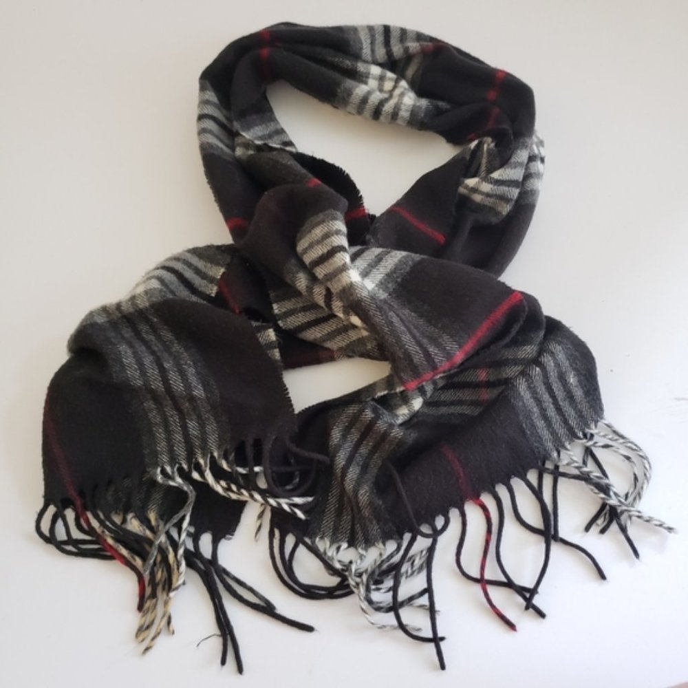 V. Fraas Cashmink Plaid Scarf Black White Red